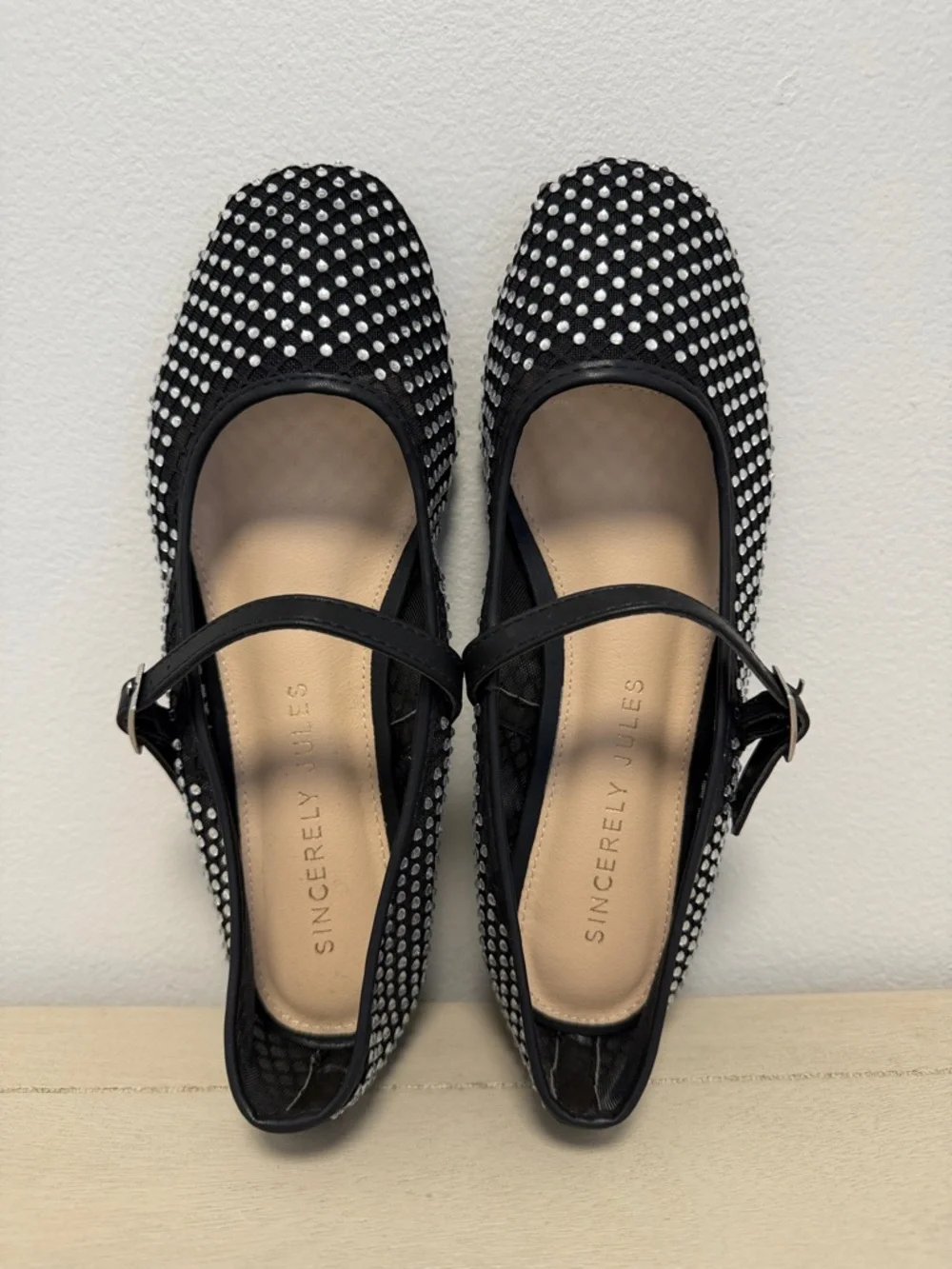 Black Mesh Rhinestone Studded Mary Jane Sincerely Jules Flats - Size 6.5 GUC - Picture 6 of 9